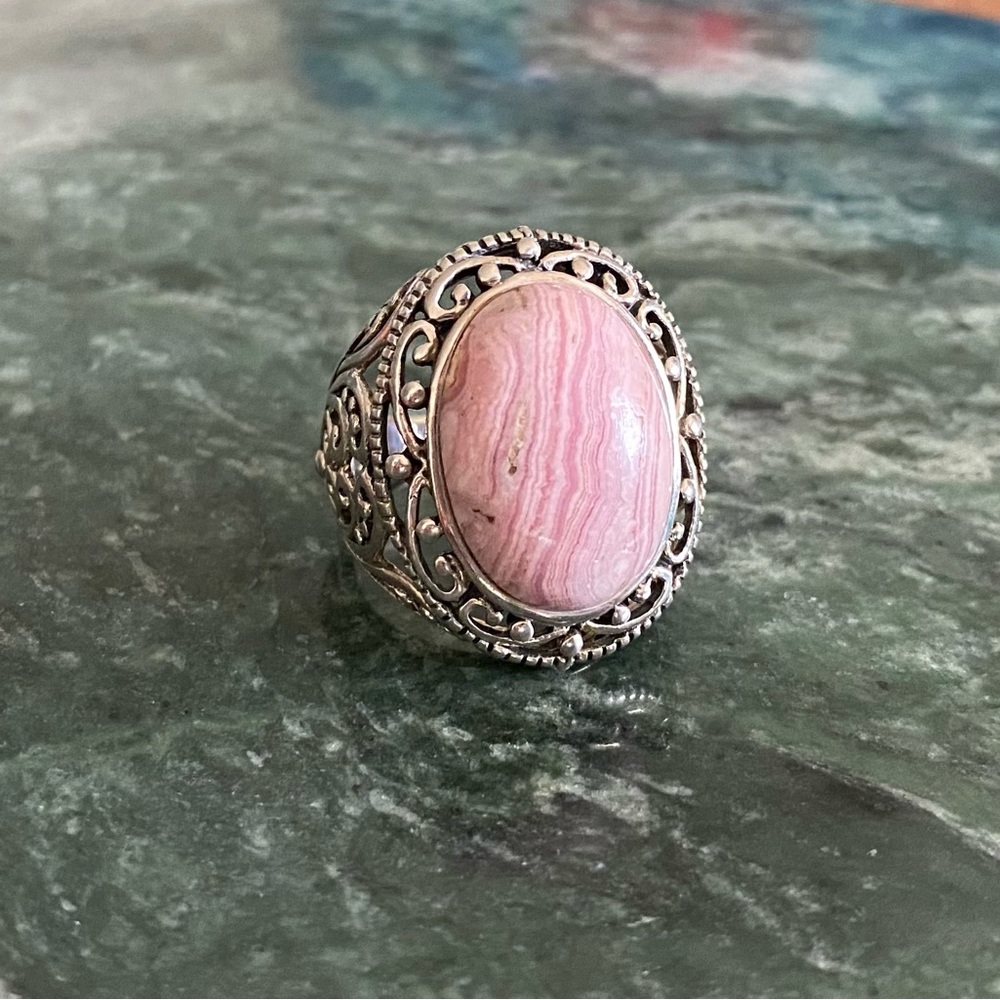 Natural Rhodochrosite Sterling Silver 925 Ring Size 7 Filigree Detail